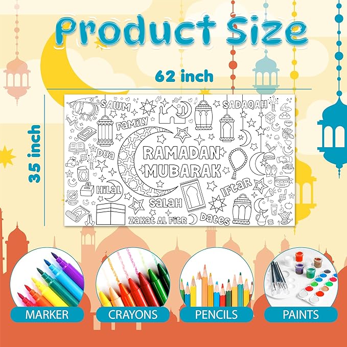 OHOME Ramadan Giant Coloring Poster/Tablecloth - Ramadan Decorations for Home,Kids Eid Crafts Games Activities Toys Decor Party Decor for Classroom School