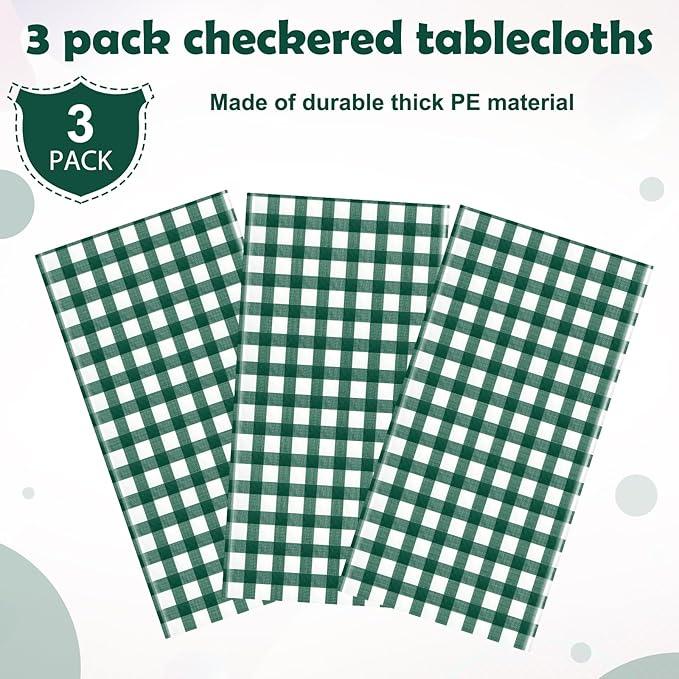 3pcs 54X108inch Dark Green Checkered Tablecloth,Green Gingham Tablecloths Buffalo Plaid Disposable Plastic Table Covers for Birthday Baby Shower Bridal Wedding Party Birthday Decorations