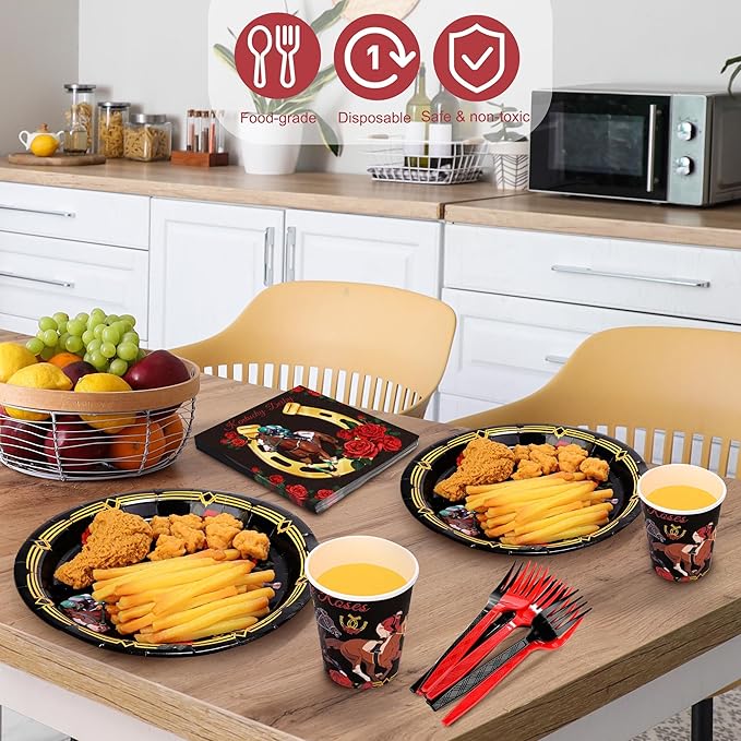 Kochorie 144 Pieces Horse Racing Party Tableware Sets Including Disposable Plates Napkins Cups Forks Serves 24 for Birthday Horse Theme Party Supplies