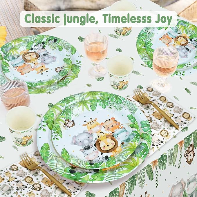 Safari Jungle Baby Shower Plates Set Decorations Wild One Birthday Party Decorations Serves 25,Sage Green Plates Napkins Cups and Forks Animals Theme Disposable Tableware Set