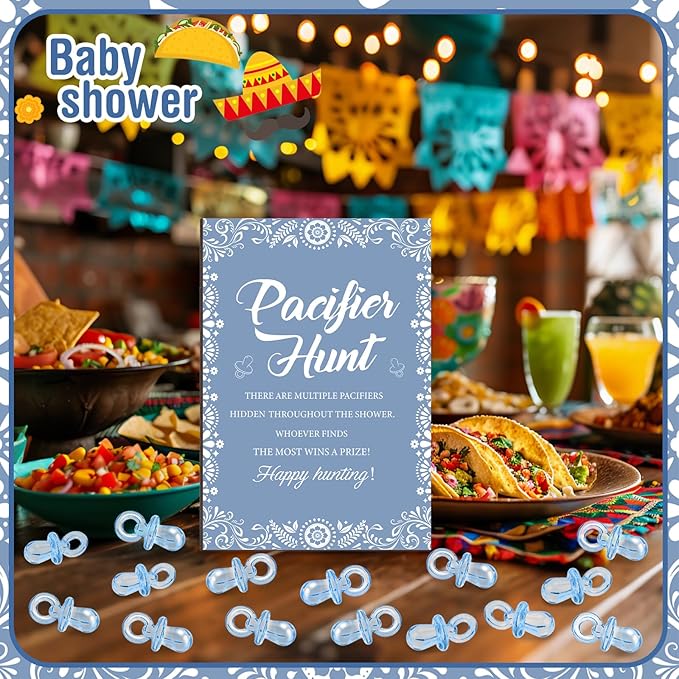 Thyle 51 Pcs Cielito Lindo Pacifier Hunt Baby Shower Games Include Hunt Sign and 50 Acrylic Pacifiers for Mexican Baby Shower Game Decoration Sets Gender Reveal Newborn Announcement Party Decor