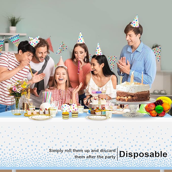 12 Pack White and Light Blue Tablecloth Party Decorations Plastic White Tablecloth Printed Light Blue Table Runner 54 x108 Inch Disposable Rectangle Table Cover for Birthday Graduation