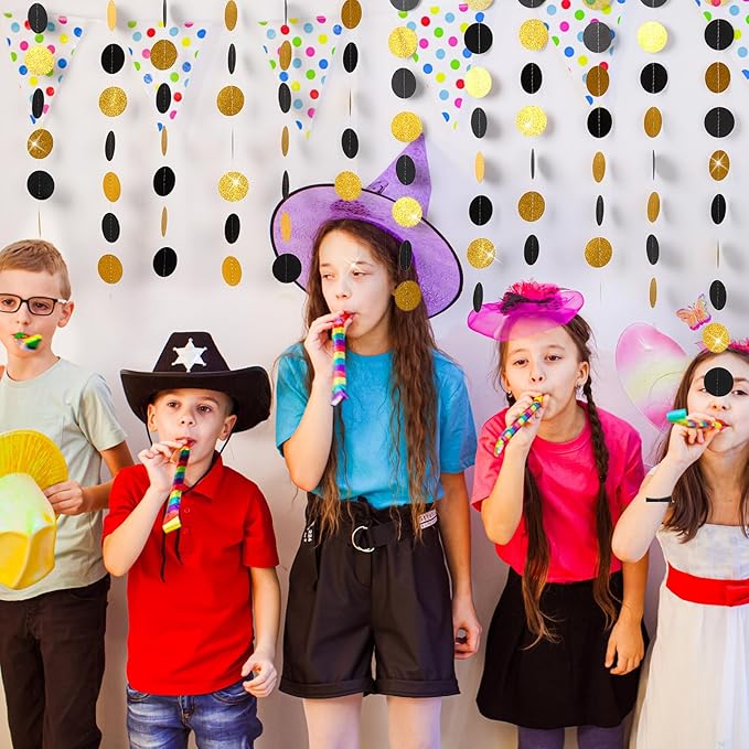 Syhood 10 Pcs Party Decorations Paper Dot Circle Garlands Glitter Streamers Hanging Banner Decor for New Year Baby Shower Wedding Birthday Backdrop Supplies (Black and Gold)