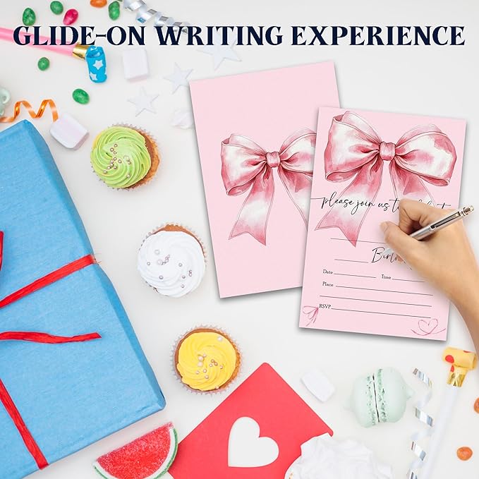 Watercolor Pink Bow Birthday Party Invitations - 20-Pack of 4''x6'' Invite Cards with Envelopes, Double-Sided Fill In Birthday Party Celebrate Supplies & Decoration For Girls Women Teens - A01