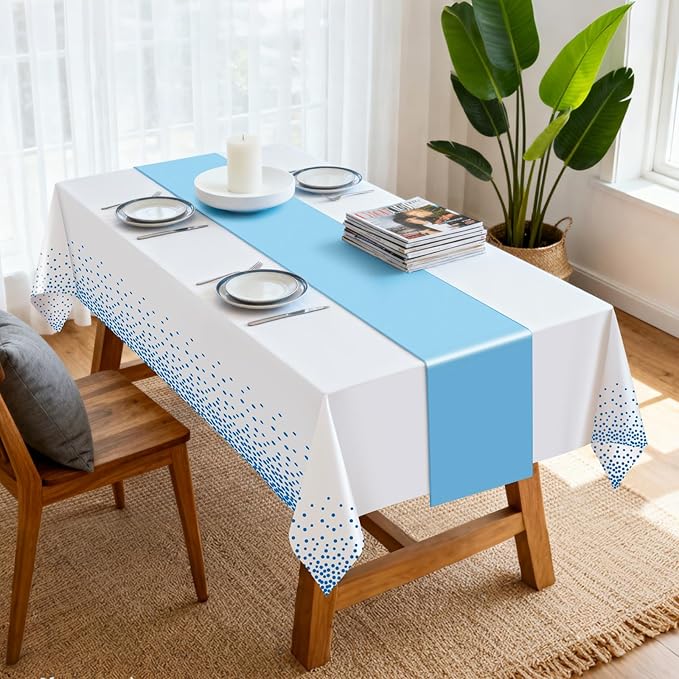 12 Pack Tablecloth and Table Runner Set Party Decorations, White and Blue Plastic Disposable Tablecloth and Satin Table Runner for Wedding Birthday Party (Blue)