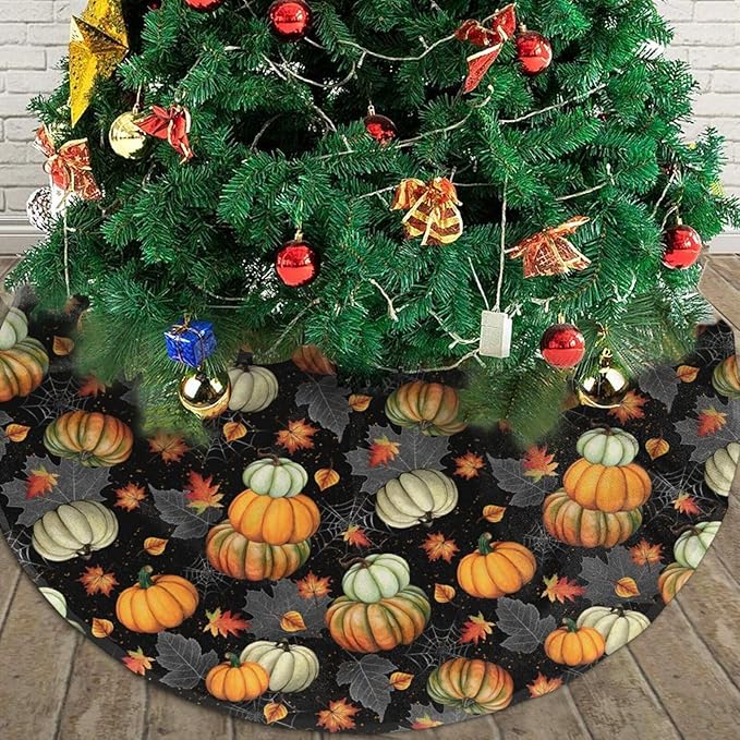 Thanksgiving Fall Tree Skirt Maple Leaf Pumpkin Spider Web Christmas Tree Skirt Xmas Tree Mat Halloween Christmas Tree Ornaments Decorations Holiday Party Indoor Outdoor 36"