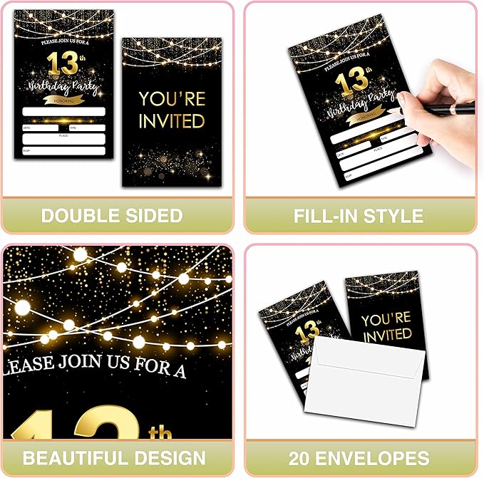 13th Birthday Invitations with Envelopes - Black Gold Glitter Fill-in Invites Cards - Surprise Birthday Party Invitation Card for Girls/Boys - Kids Birthday Party Favors Supplies Decorations (20 Pack)