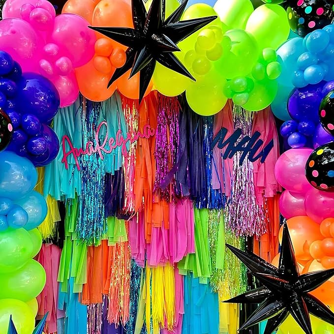 175Pcs Neon Balloons Arch Garland Kit, Glow in the Dark Balloons (Rainbow Star Dot) for Back to 80s 90s DISCO Birthday Party Decorations, Fiesta, Let's Glow Party, Rock Roll Party Supplies