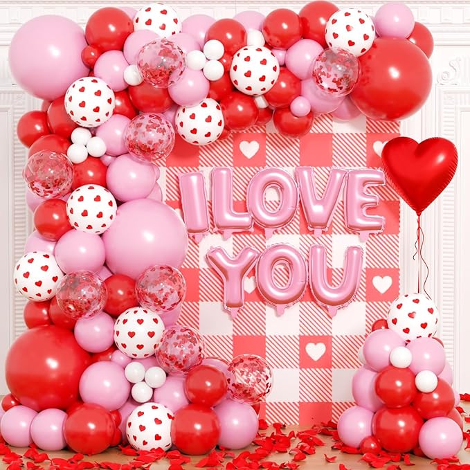 Valentines Day Balloons Garland Arch Kit - Red Heart and I LOVE YOU Foil Balloon with Different Size Red Pink White Balloons for Valentine's Day Galentine's Day Anniversary Party Decorations