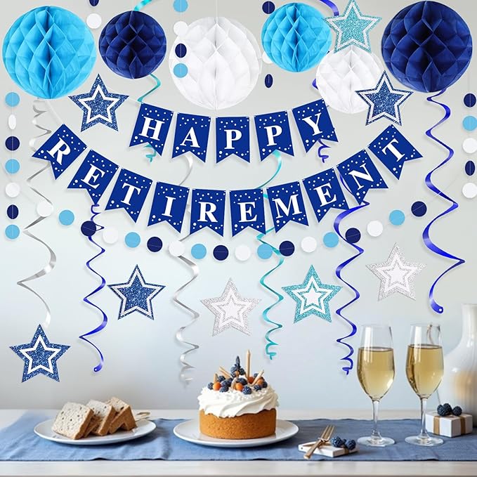 Happy Retirement Party Decorations for Men Women Blue Silver Happy Retirement Banner Honeycomb Balls Pentagram Hanging Swirl Streamers Circle Dots Garland