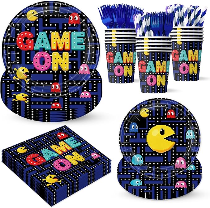Game on Maze Themed Party Decorations Supplies Retro Arcade Game Themed Party Tableware Set Include Plates, Cups, Napkins,Cutlery and Straw for Birthday Party Decorations Serves 24