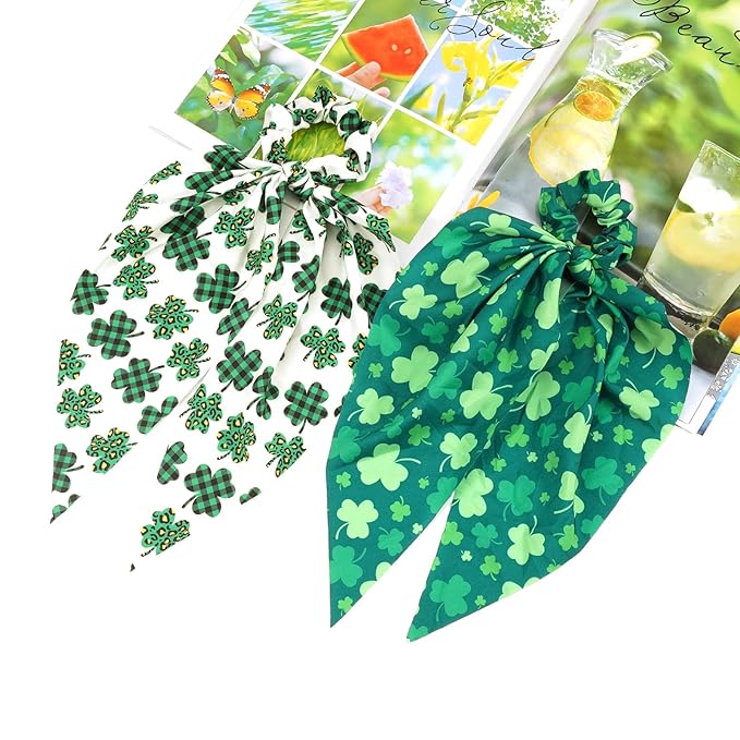 St.Patrick's Day Hair Ties for Woman Girls Green Shamrock Ribbon Hair Scrunchies Elastic Irish Lucky Leaf Hair Tie St.Patricks Party Supplies Hair Accessories 2PCS