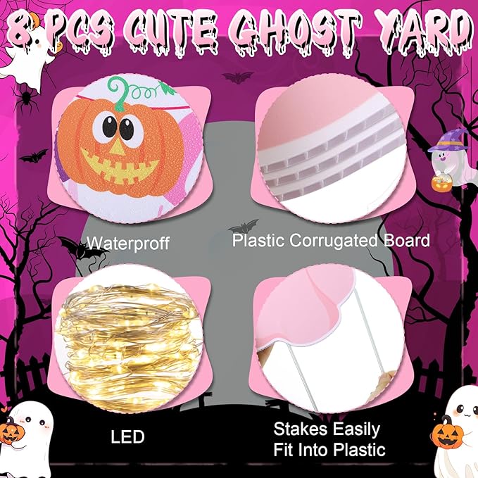 Amyhill 8 Pcs Lighted Cute Ghost Yard Signs Halloween Decorations Outdoor Yard Stakes Spooky Pumpkin Ghost Witch Garden Signs with Stakes for Halloween Happy Boo Party Lawn Patio Outdoor(Pink)