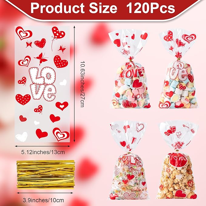 Aegero Valentines Cellophane Bags 120pcs Valentines Candy Bags with 140pcs Twists for Valentine's Candy Cookie Goodie Snack Bag for Valentines Day Wedding Party Favor Supplies,Classroom Parties Valentine01-LOVE