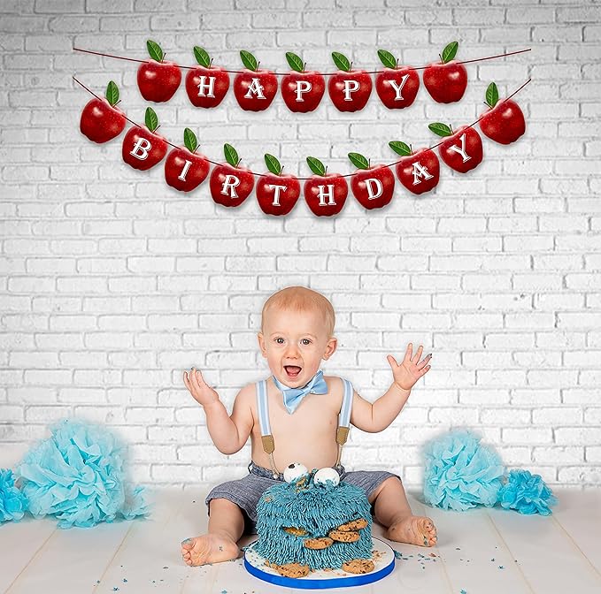 Apple Happy Birthday Banner – Fruit-Themed Birthday Decoration Banner for Party Backdrops, Indoor Celebration Décor, Dessert Table Styling, Wall Hanging Display, and Creative Birthday Event Setup