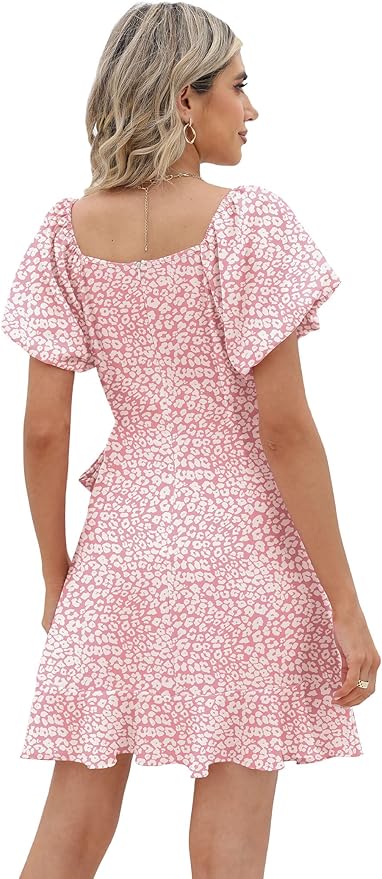 Sampeel Womens Summer Dresses Square Neck Puff Sleeve Tie Waist Short Dress