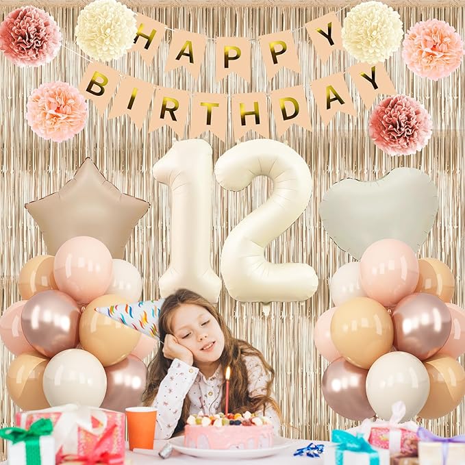 Beige 12th Birthday Decorations Girls Boys Cream Number 12 Balloon Nude Gold Happy Birthday Banner Fringe Curtain Paper Pom Poms Blush White Sand Champagne Star Foil Balloons Neutral Boho Party Decor
