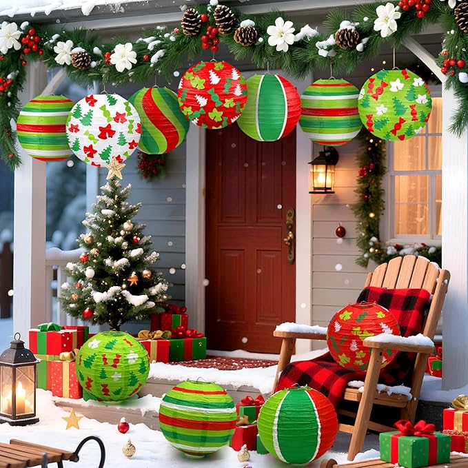 ADLKGG Christmas Party Decorations, Red Green Christmas Trees Bell Candies Printed Paper Lantern Decorative for Holiday Xmas Party Baby Shower Birthday Indoor Outdoor, 12Pcs