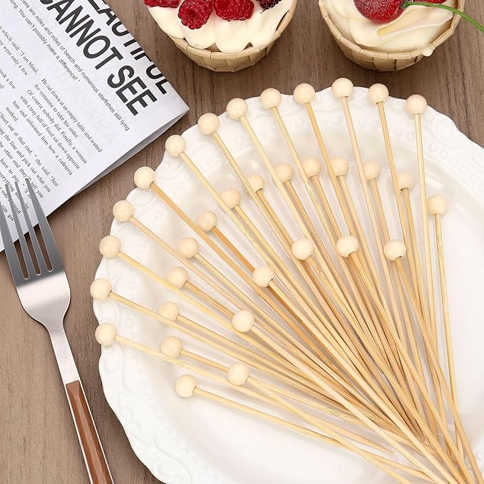 200 Pcs Ball Toothpicks, 5.3 Inch Balls Cocktail Picks for Appetizers, Round Bamboo Toothpicks, Wooden Decorative Toothpicks Skewers for Holiday Birthday Party Decorations (Ball)