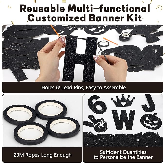 133PCS DIY Banner Kit with Letters Symbols,Make Your Own Banner,Personalized Black Banner Custom Party Banner for Birthday/Graduation/Thanksgiving/Halloween/Valentine's Day/Retirement (Black)