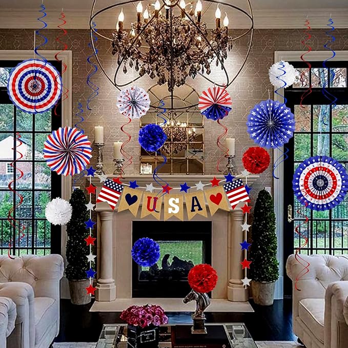 26Pcs Patriotic Decorations 4th of July Decorations LOVE USA Banner Red White Blue Paper Fans Star Streamer Pom Poms Hanging Swirls for Veterans Labor Presidents Flag Memorial Day