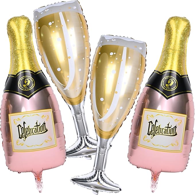 Champagne Bottle Glass Balloons 4pcs, Large Champagne Wine Foil Mylar Balloons for Women Girls Birthday Bachelorette Bridal Shower Wedding Anniversary Engagement Celebration Party Decorations Supplies