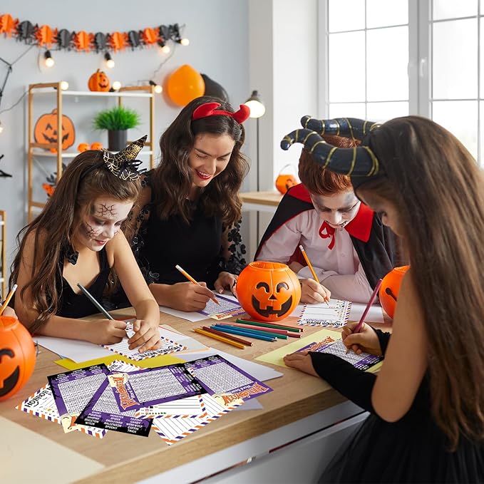 COCHIE 30 Players Halloween Party Games for Adults Family Office Large Groups, Horror Movie Name Pictionary Game, Guesstures Game, Word Search Games with Answer Key (Halloween Purple)