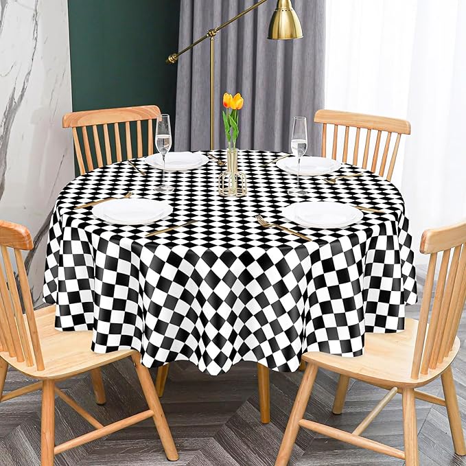 Mulbozy 2 Pcs Checkered Round Tablecloth, 84 inches Disposable Plastic Black and White Gingham Circle Table Covers for Baby Shower Two Fast, Race Car Birthday Party Decorations