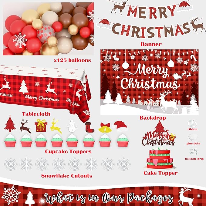 Merry Chirstmas Party Decorations, Christmas Decorations Set, Christmas Balloon Garland Banner Backdrop Tablecloth Toppers Snowflake Winter Santa Party Supplies for Indoor Outdoor Home Decor