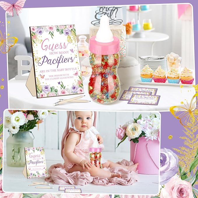 Syhood Butterfly Baby Shower Games Guess How Many Pacifiers Game Sign 50 Small Guessing Games 20 HB Pencils 750 ml Milk Bottle 400 Acrylic Pacifiers Decorations Guests Gender Reveal Party Favors