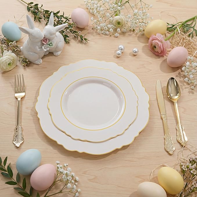 Liacere 350PCS Ivory Plastic Plates - Cream Disposable Plates With Gold Rim - 50Guest Baroque Plastic Dinnerware include 100 Plates - 50 Pack Pre Rolled Napkins Silverware 50Cups for Wedding＆Easter
