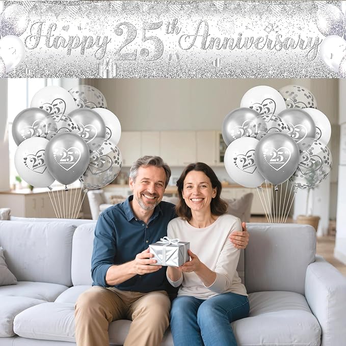 Silver 25th Wedding Anniversary Decorations for Men Women Silver Happy 25th Anniversary Banner and 18Pcs Balloons for 25 Years Wedding Party Decoration Supplies