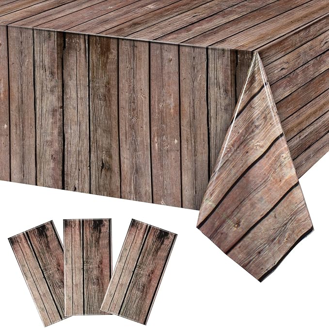 Tiamon 3 Pcs Western Party Tablecloth Western Cowboy Party Table Cover Cowboy Theme Plastic Tablecloth Wild West Wood Grain Table Cover for Birthday Baby Shower Decor (54 x 108 Inch)