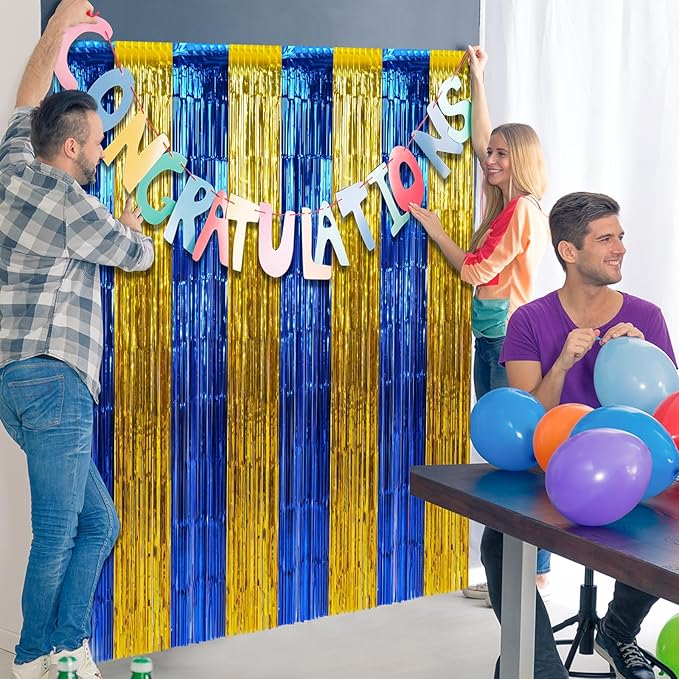 6 Pack 3.3Ft x 6.6Ft Graduation Foil Fringe Curtain Backdrop Decorations, Blue Gold Metallic Tinsel Foil Streamers Curtain Photo Booth Background for Graduation Prom Wedding Birthday Party Decorations
