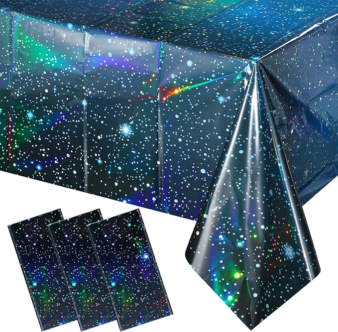 3Pcs Iridescent Space Tablecloths, Disposable Plastic Blue Galaxy Table Cloth Rectangle Table Covers for Space Starry Night Star Theme Party Birthday Party Decorations, 54x108 Inch