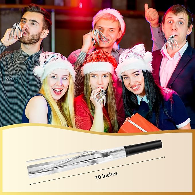 50Pcs New Years Noise Makers, New Years Eve Party Supplies, Silver Party Blowers Horns Metallic Fringed Happy New Year Party Favors for Eve Family Gathering Sporting Events