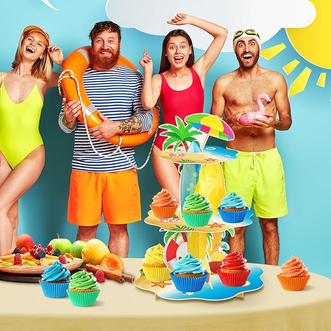 Summer Beach Luau Hawaiian Cupcake Stand Decorations 3 Tier Pool Theme Cake Holder Dessert Stand Tower for Kids Office Classroom Beach Birthday Party Baby Shower Wedding Party Supplies