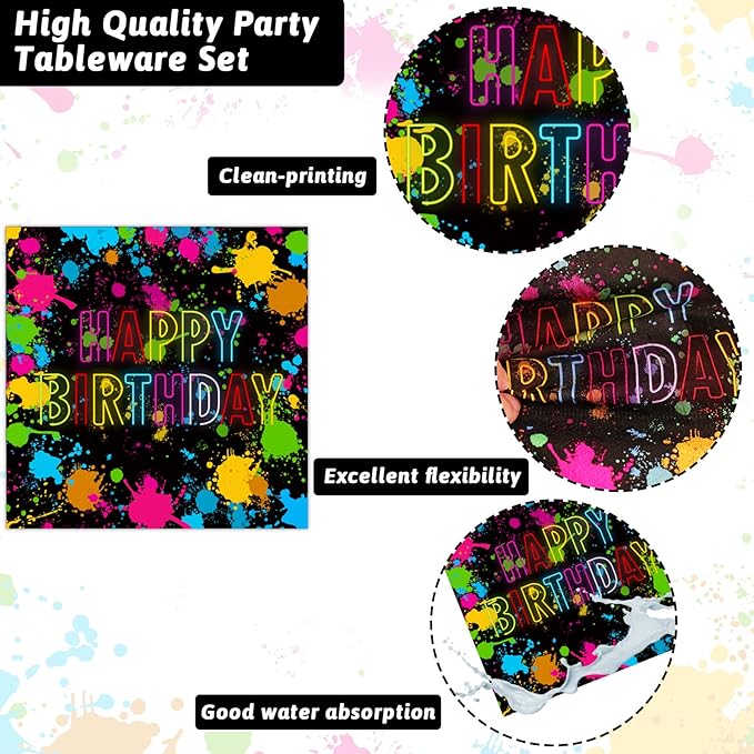 chiazllta 96 Pcs Neon Party Paper Plate and Napkins Neon Birthday Party Decorations Glow in the Dark Birthday Paper Supplies Disposable Glow Tableware for Party Favors 24 Guests