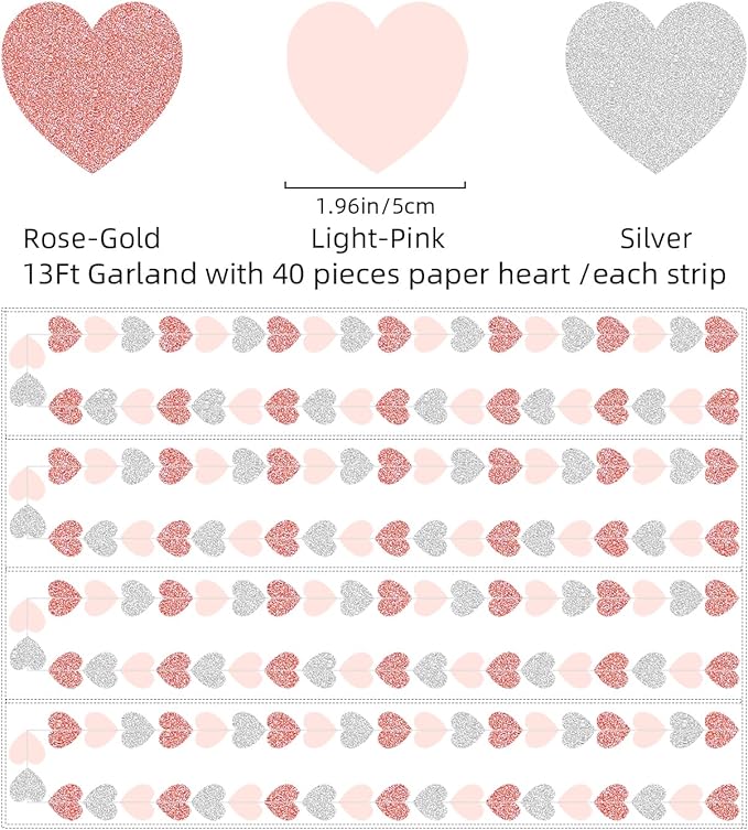 Rose-Gold Pink Silver Party Decorations - 52Ft Paper Heart Garland Streamer Women Girls Birthday Banner Baby Bridal Shower Bachelorette Engagement Banner Mothers Day Hanging Decor HongTongTong