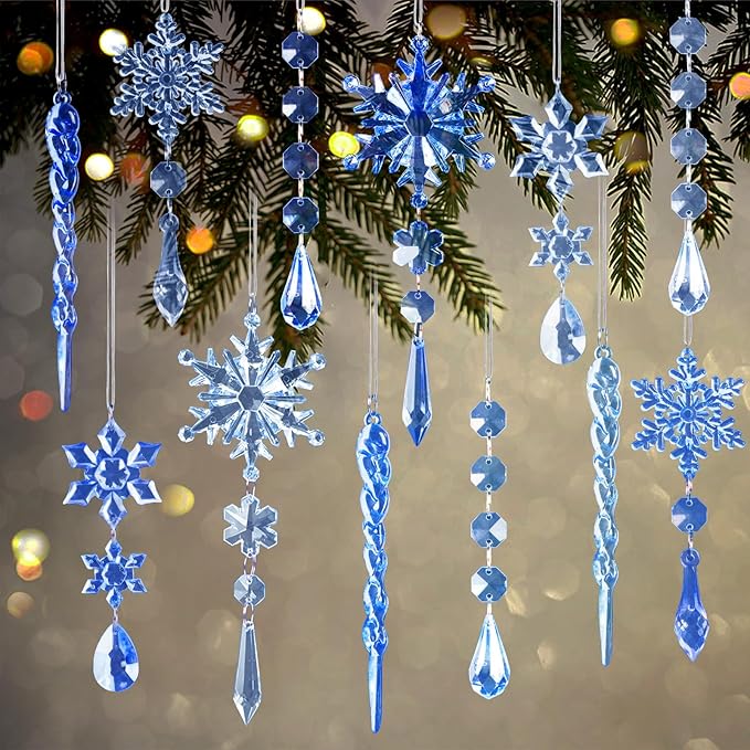 18pcs Crystal Christmas Ornaments for Christmas Tree Decorations-Dark Blue and Light Blue Hanging Acrylic Snowflake and Icicle Ornaments with Drop Pendants for New Year Party Decorations Supplies