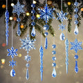 18pcs Crystal Christmas Ornaments for Christmas Tree Decorations-Dark Blue and Light Blue Hanging Acrylic Snowflake and Icicle Ornaments with Drop Pendants for New Year Party Decorations Supplies