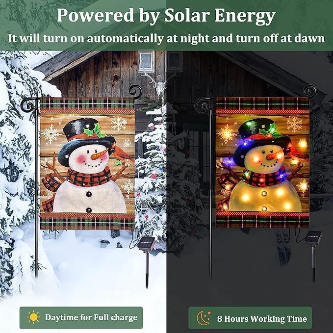 Lighted Christmas Garden Flag for Outside, Led Snowman Garden Flag, Winter Yard Flag 28x40 Double Sided for Outdoor Yard Porch Lawn Decoration