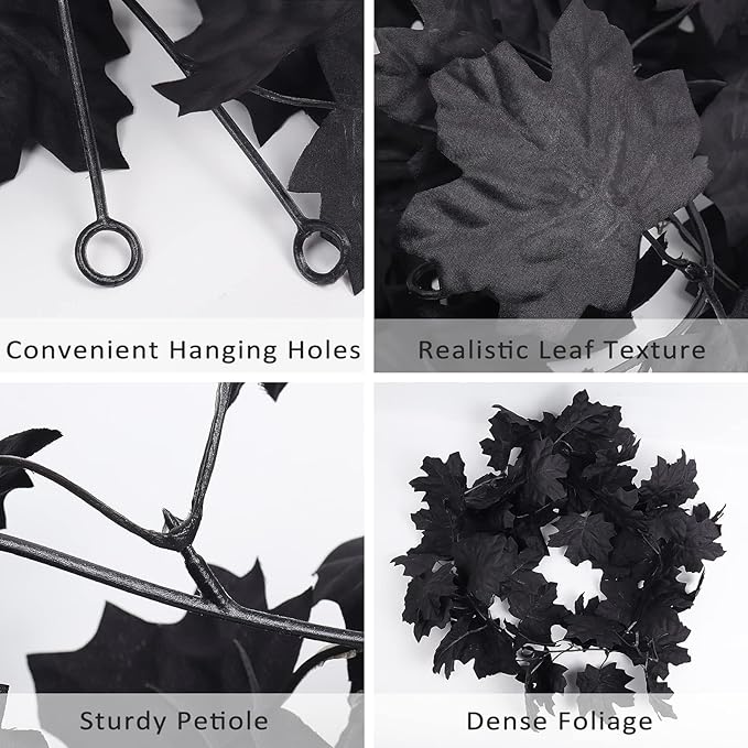 Halloween Black Christmas Garland Decor Indoor Table Decorations Fall Wall Hanging Artificial Black Maple Leaf Vine Decorations for Home (2 Pcs Halloween Garland, Set)