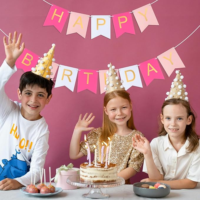 Pink Happy Birthday Banner -Roseo Pink White Hanging Backdrop Sign with Gold Letters, Happy Birthday Sign Bunting Decorations for Women men Kids Baby Shower Party Supplies (13pcs)