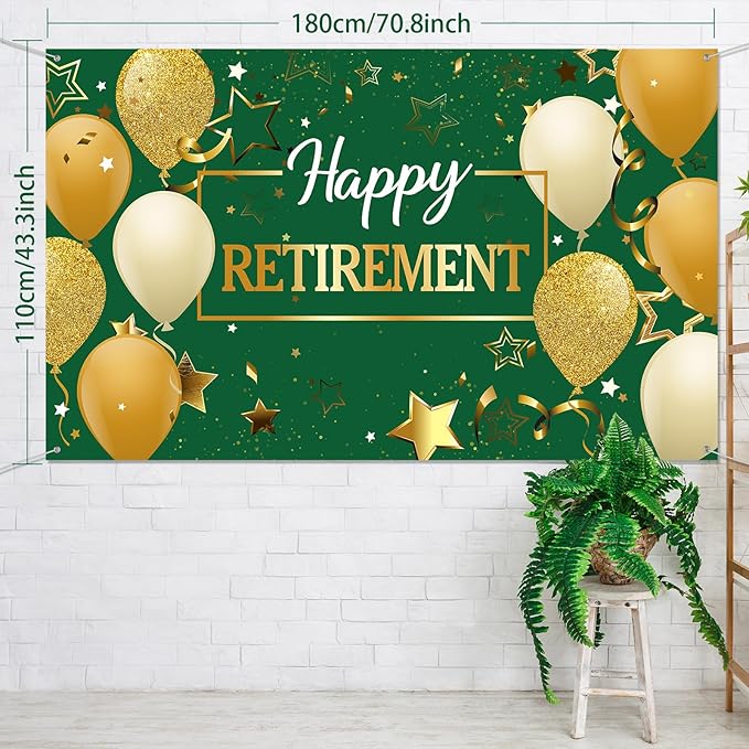 Blulu Retirement Party Decorations, Extra Large Fabric Retire Sign Banner Photo Booth Backdrop Background with Rope for Retirement Party Favor(72.8 x 43.3 Inches,Green and Gold)