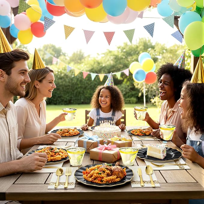 175 Plastic Dinnerware Set Party Supplies Disposable Dinnerware Set for 25 Guests Include 50 Plastic Plates,25 Silverware Set,25 Cups and 25 Napkins Plastic Plates for Party Wedding（Black and Gold）