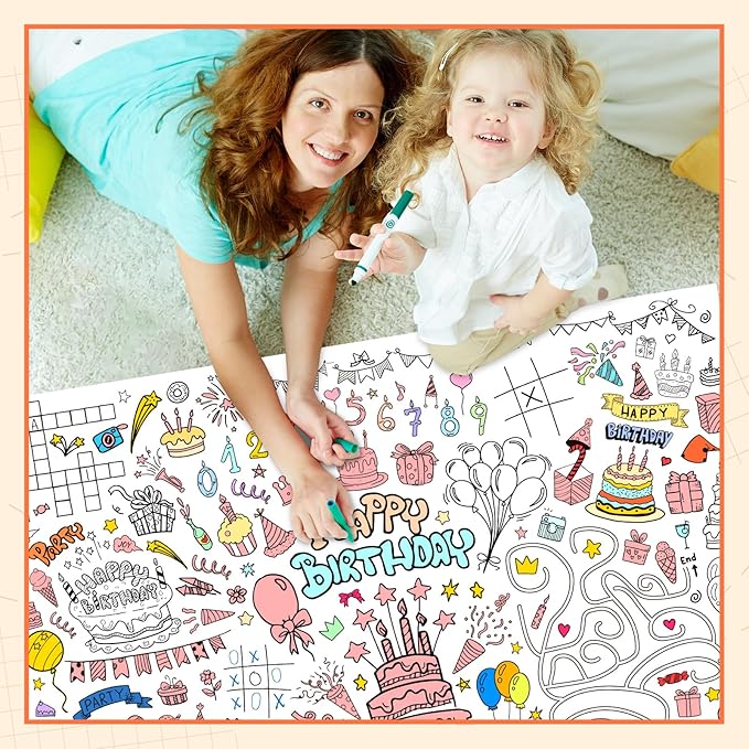 GWHOLE Happy Birthday Coloring Tablecloth, 40x28 Inch Coloring Poster Coloring Table Cloth for Kids Gift Birthday Parties, Classroom Activities
