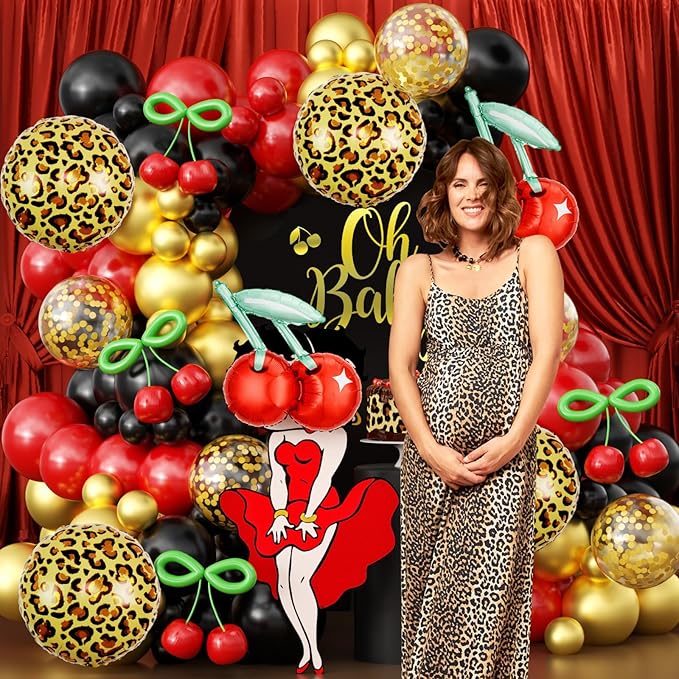 JOGAMS 170Pcs Betty Party Decorations,Cheetah Print Red and Black Party Decorations with Gold Confetti Cherry Cheetah Print Green 260 Balloons for Bachelorette Birthday Baby Shower Vintage Retro Party