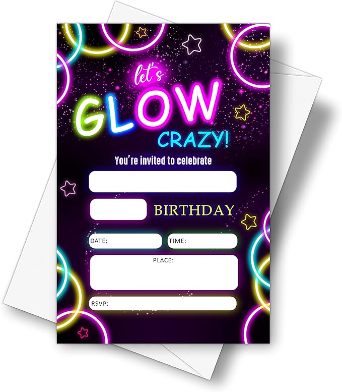 DETIHO 4" x 6" Glow Theme Birthday Party Invitation Cards With Envelopes - Let's Glow Crazy - Neon Party Invitation - 20 Sets - E22