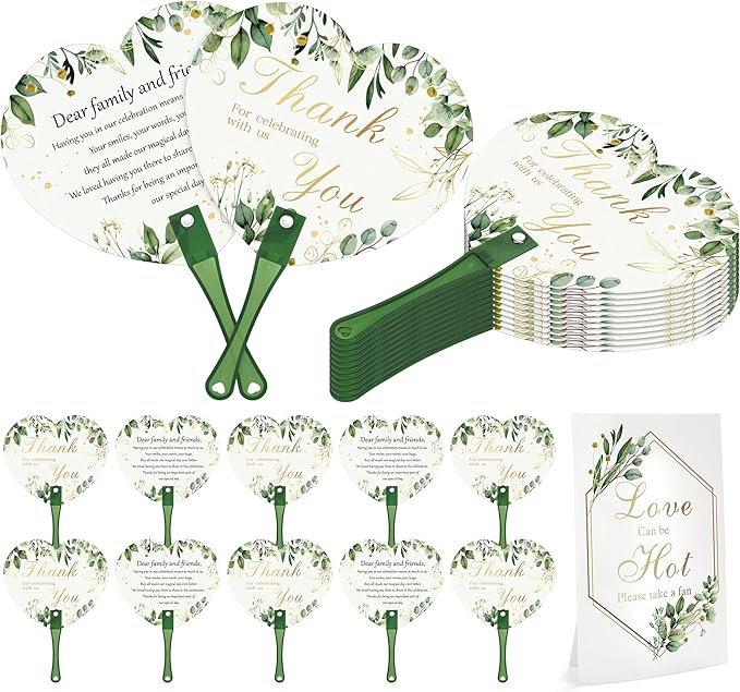 Aneco 120 Pieces Wedding Hand Plastic Fans with Wedding Table Sign Handheld Plastic Fan with Handle for Guests Bulk Wedding Hand Fans for Wedding Ceremony Bridal Shower, Green Leaves